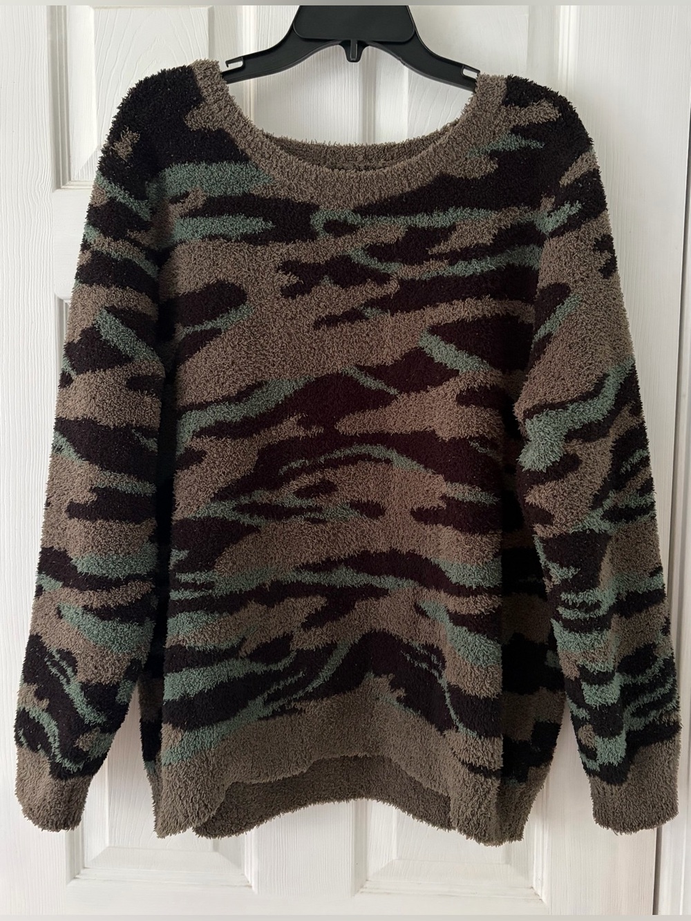 Barefoot Dreams Camo Plush Crew Neck Sweater in Olive, Brown & Black
